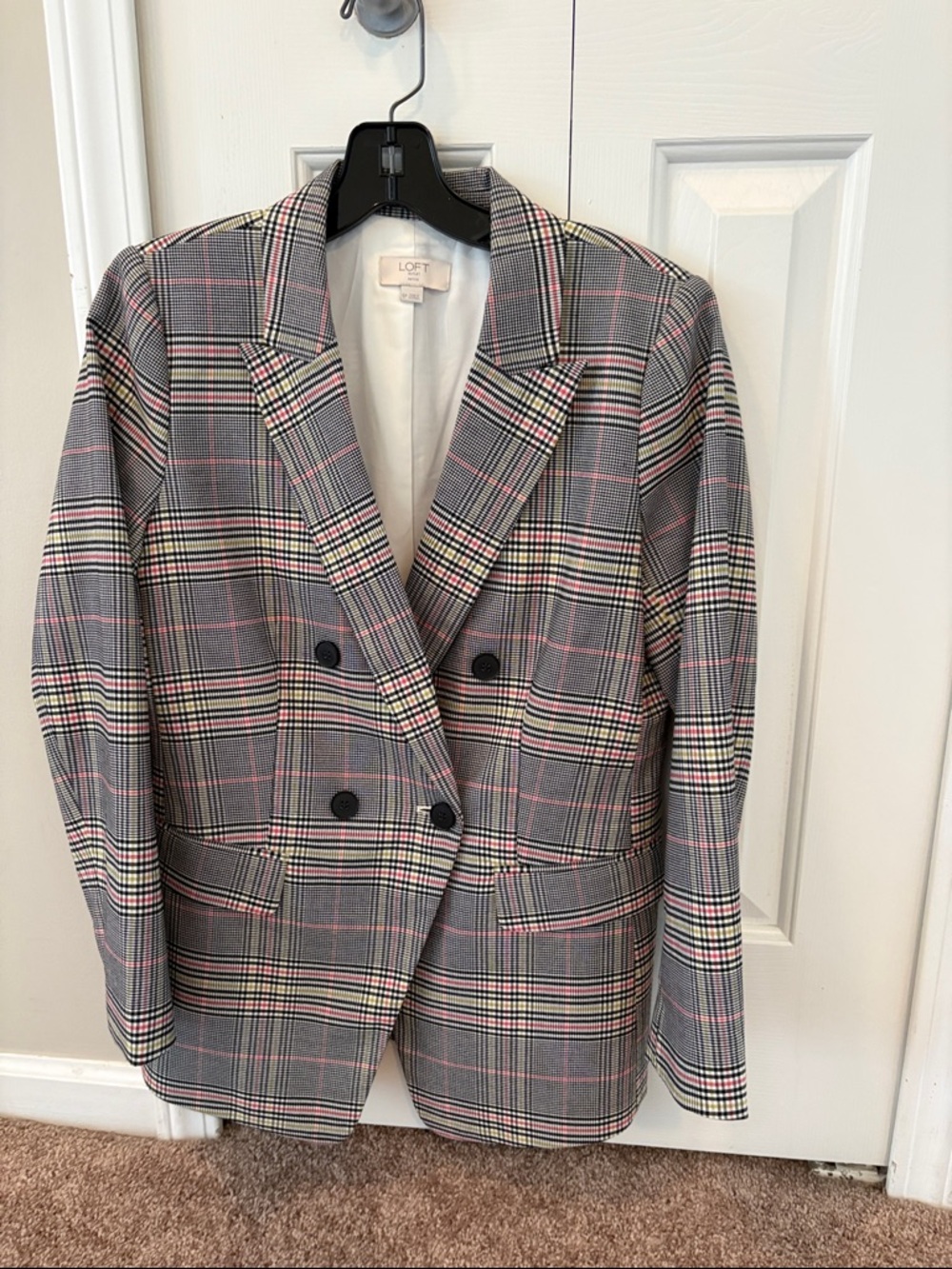 LOFT Plaid Double-Breasted Blazer in Gray and Pink
